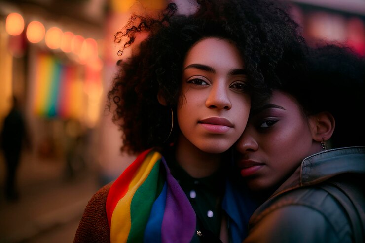 Foto duas meninas lgbti morenas com cabelos cacheados se abraçando na rua mostrando seu amor a bandeira gay
