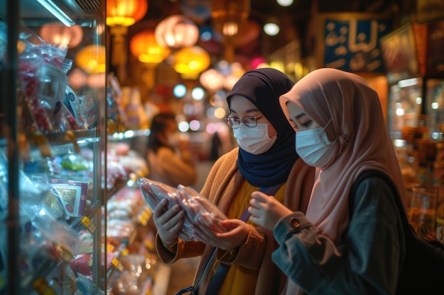 Duas meninas muçulmanas com máscaras observando itens enquanto fazem compras juntas em uma loja