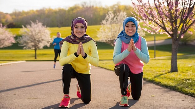 Foto duas meninas muçulmanas felizes com lenços de cabeça fazem lunges antes de correr e esportes ao ar livre