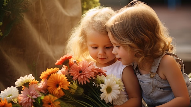 Duas meninas olhando para um buquê de flores