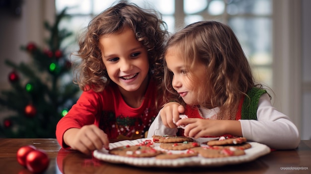 Foto duas meninas olhando para um prato de biscoitos.