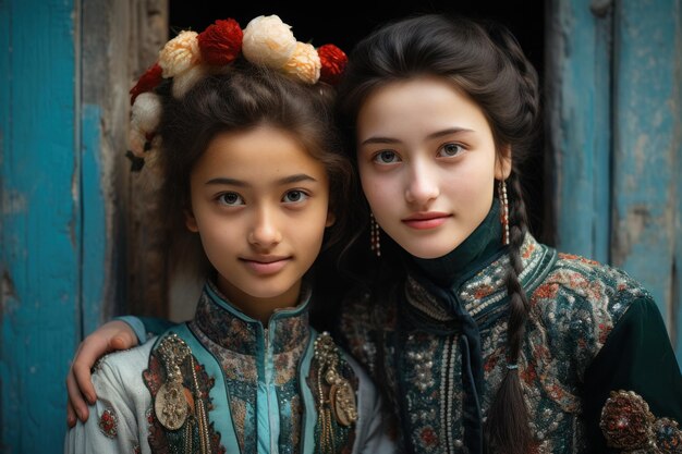 duas meninas posam para uma foto em uma cidade