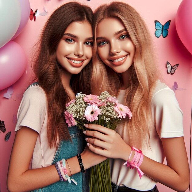 Foto duas meninas segurando flores e uma tem uma fita rosa ao redor do pescoço