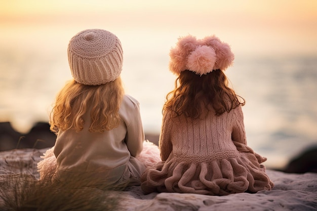 Duas meninas sentadas perto da praia olhando para o mar