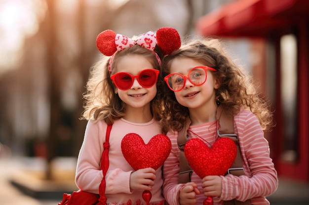 Duas meninas usando óculos cor-de-rosa.