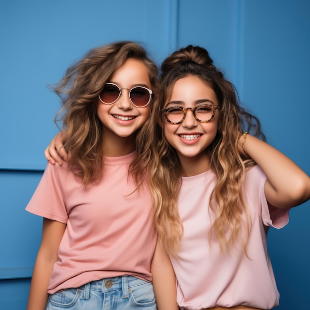 duas meninas usando óculos escuros posam para uma foto com uma vestindo uma camisa rosa