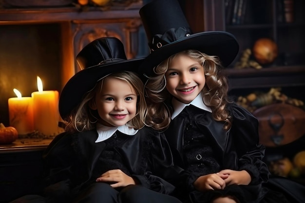 Duas meninas vestidas de preto sentadas uma ao lado da outra Sorrisos alegres de crianças na véspera do feriado Fantasia festiva Jack lanterna