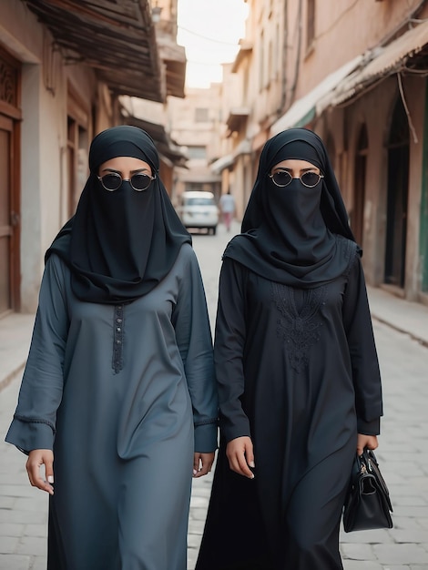 Duas meninas vestindo burcas e óculos estão andando pela rua.