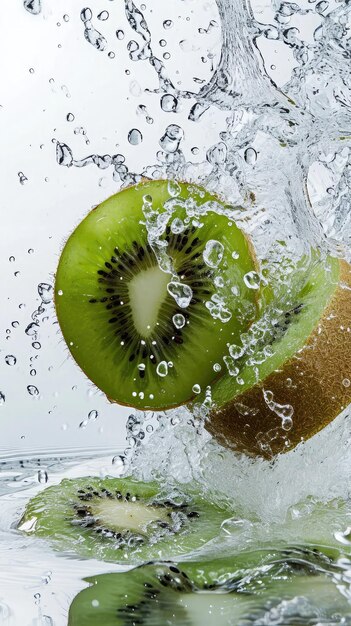 Duas metades suculentas levitando de kiwi verde voam com salpicos de água