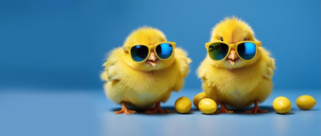 Duas miúdas amarelas com óculos de sol azuis com fundo azul do estúdio cartão de Páscoa