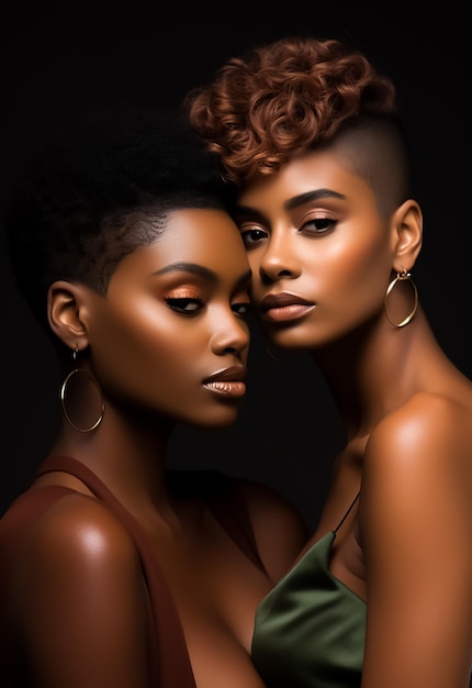 duas modelos sexy afro-americanas em maquiagem completa e estilo de cabelo colorido fotografia de moda