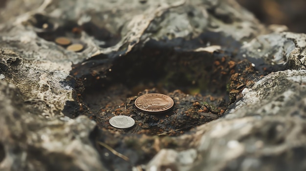 Foto duas moedas descansam numa pequena cavidade entre as rochas as moedas estão molhadas pela chuva as rochas circundantes são cinzentas e molhadas
