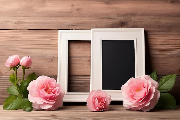 Duas molduras de fotos em branco e uma flor rosa fresca sobre fundo de madeira