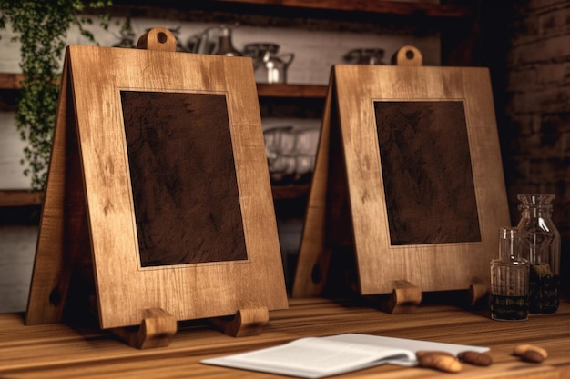 Foto duas molduras de madeira estão sobre uma mesa com um livro sobre a mesa.