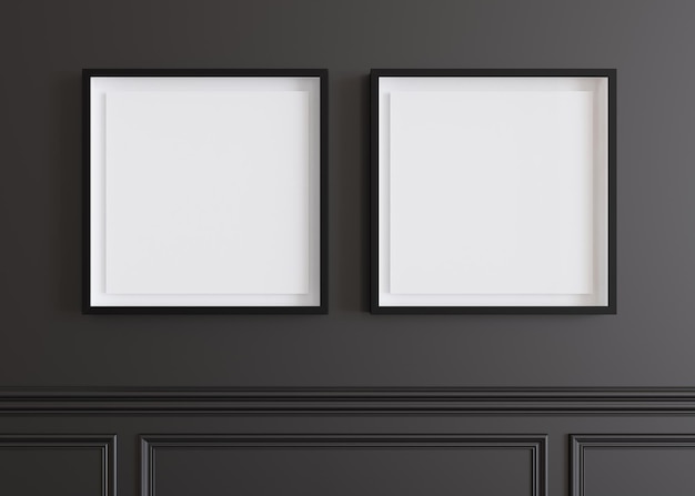 Duas molduras quadradas em branco penduradas na parede preta Modelo simulado para imagem ou pôster de arte Espaço de cópia vazio Close-up view Maquete minimalista simples Renderização em 3D