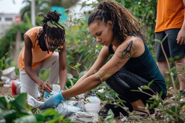 Foto duas mulheres a recolher lixo num jardim.