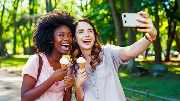 duas mulheres a tirar uma foto com um telemóvel