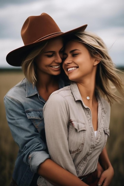 Foto duas mulheres abraçadas num campo, uma das quais tem um chapéu.