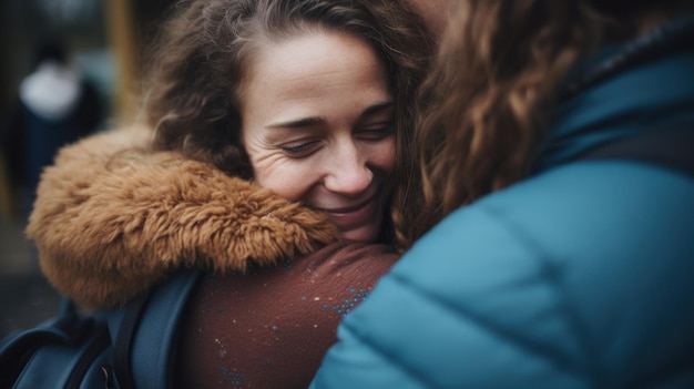 Foto duas mulheres abraçando-se calorosamente em um ambiente ao ar livre