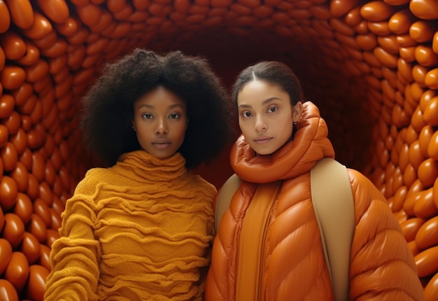 Duas mulheres afro-americanas em roupas elegantes e modernas com tons de laranja