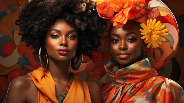 Foto duas mulheres afro-americanas vestindo envolturas étnicas coloridas com flores