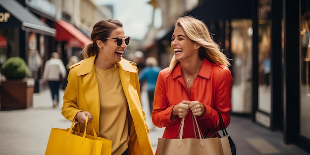 Duas mulheres alegres curtindo uma maratona de compras na cidade, amigas rindo com sacolas de compras AI