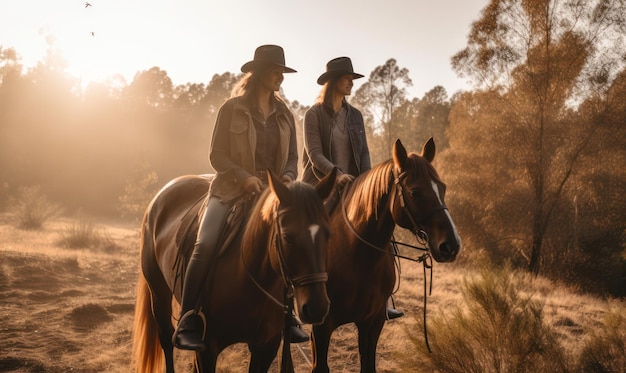 Duas mulheres andando a cavalo em um campo com o sol brilhando sobre elas