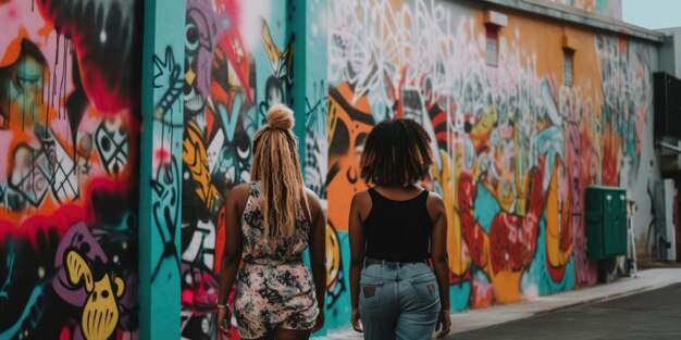 Duas mulheres andando por uma rua ao lado de uma parede coberta de grafite generativa imagem ai