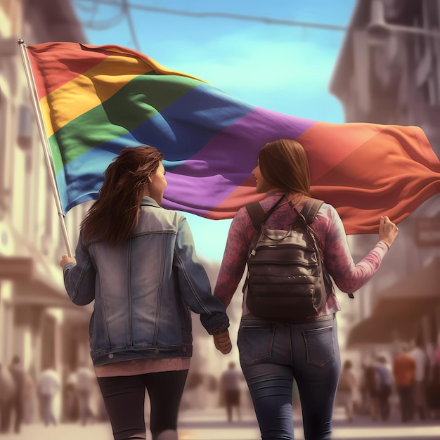Duas mulheres andando por uma rua segurando uma bandeira de arco-íris.