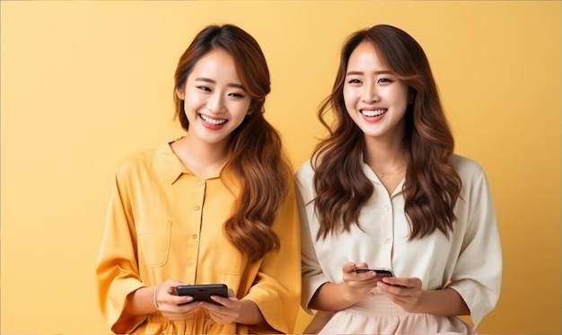 Duas mulheres asiáticas fofas e felizes usando smartphones isoladas em fundo amarelo