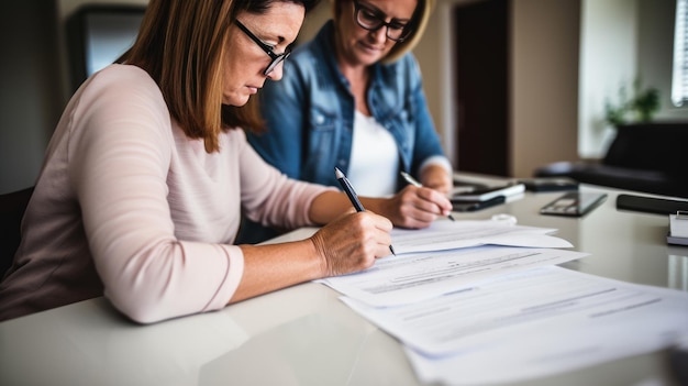 Duas mulheres assinam um contrato criado com tecnologia Generative AI