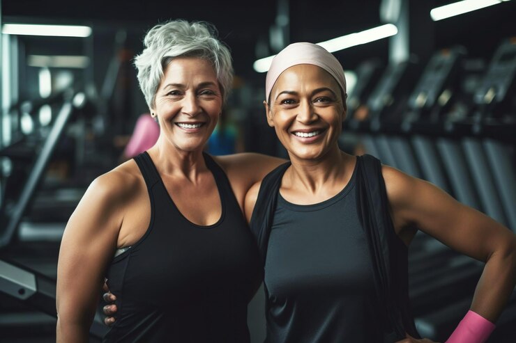 Duas mulheres atraentes de meia-idade no ginásio.