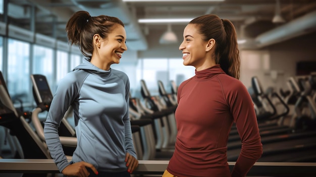 Duas mulheres atraentes estão a ter uma conversa no ginásio.