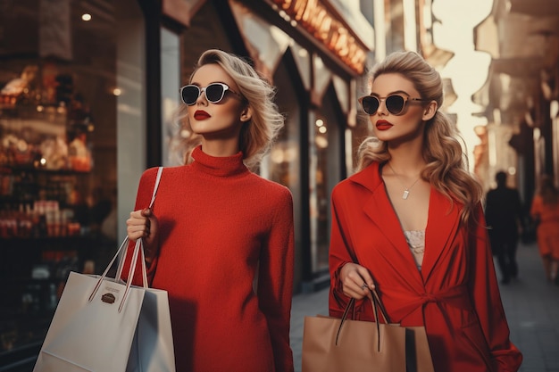 Duas mulheres bonitas a fazer compras na cidade.