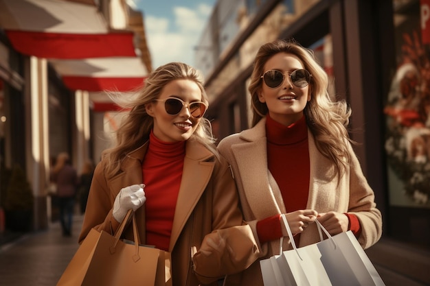 Duas mulheres bonitas a fazer compras na cidade.