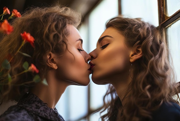 Duas mulheres bonitas estão a beijar-se ao estilo de uma experiência sensorial acadêmica.