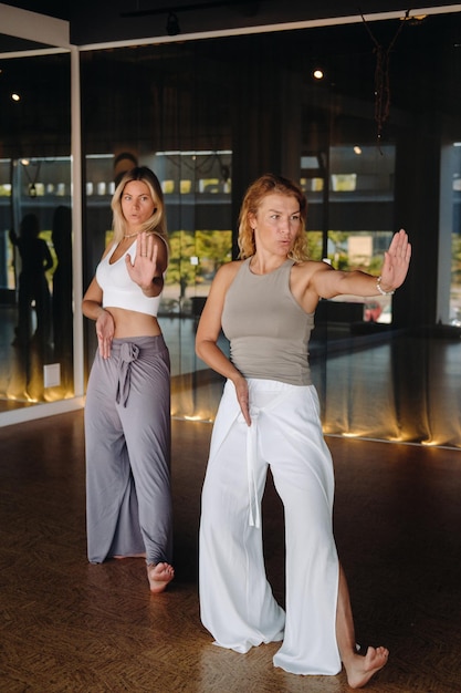 Duas mulheres bonitas estão fazendo ioga em pé na sala de fitness