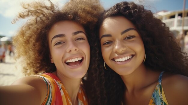 Duas mulheres capturando um momento na praia ideal para viagens e conceitos de amizade