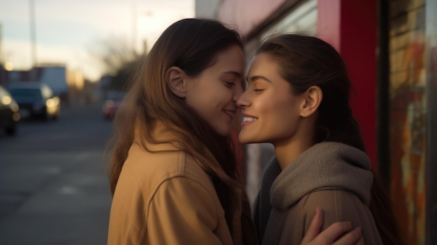 Duas mulheres caucasianas abraçadas doce na rua amor samesex