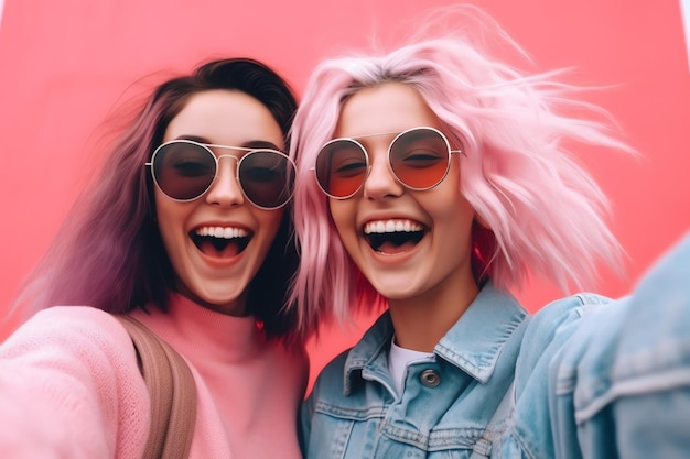 Duas mulheres com cabelo rosa e óculos escuros tirando um autorretrato