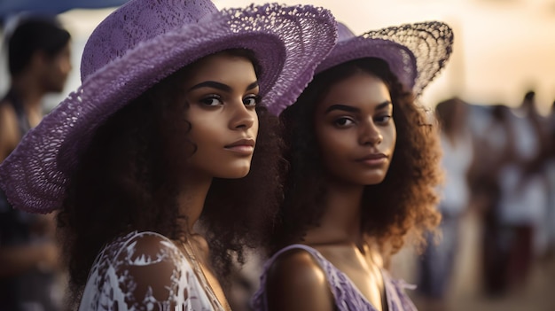 Duas mulheres com chapéus roxos estão em fila, uma delas com um vestido roxo.