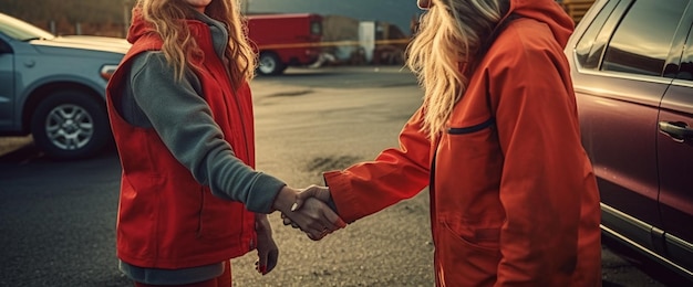 Duas mulheres com impermeáveis vermelhos apertando as mãos na estrada