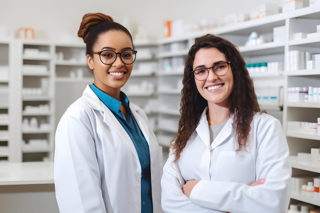 duas mulheres com jalecos em pé em uma sala de farmácia IA generativa