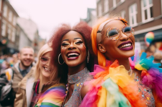 Duas mulheres com perucas coloridas sorriem para a câmera.