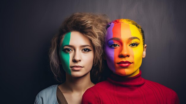 Duas mulheres com rostos pintados de cores do arco-íris