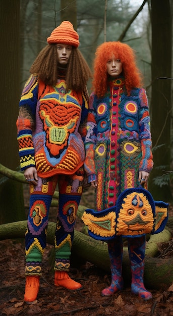 duas mulheres com roupas coloridas estão em uma floresta.