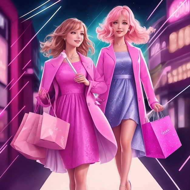 Duas mulheres com sacolas de compras na Cyber Monday e Black Friday com cor rosa