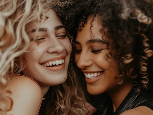 Foto duas mulheres compartilhando um abraço caloroso expressando felicidade e amizade enquanto sorriem uma para a outra