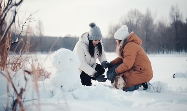 Duas mulheres construindo um boneco de neve no inverno