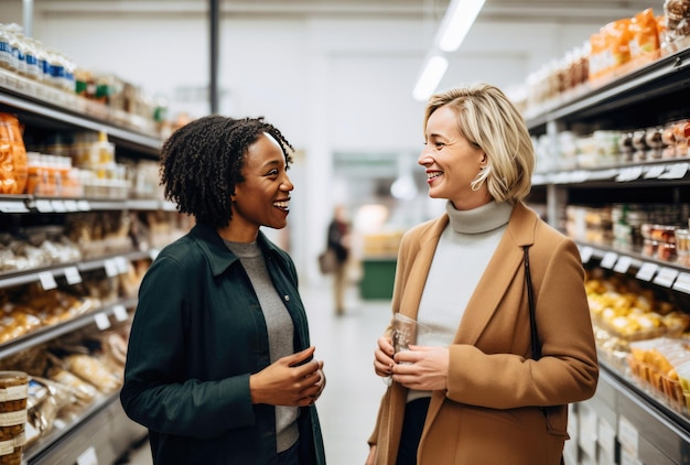 Duas mulheres conversando em um supermercado
